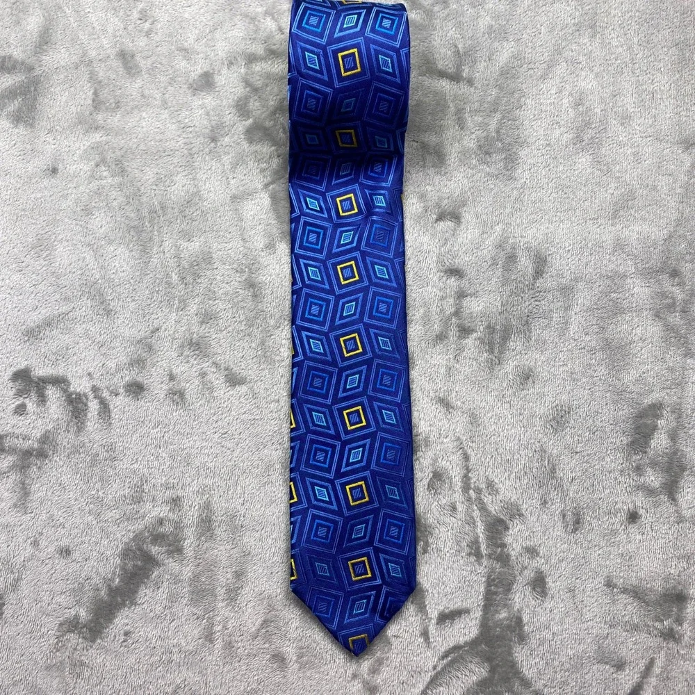 Robert Talbott Silk Geometric Diamond Pattern Necktie Blue Yellow Made in USA